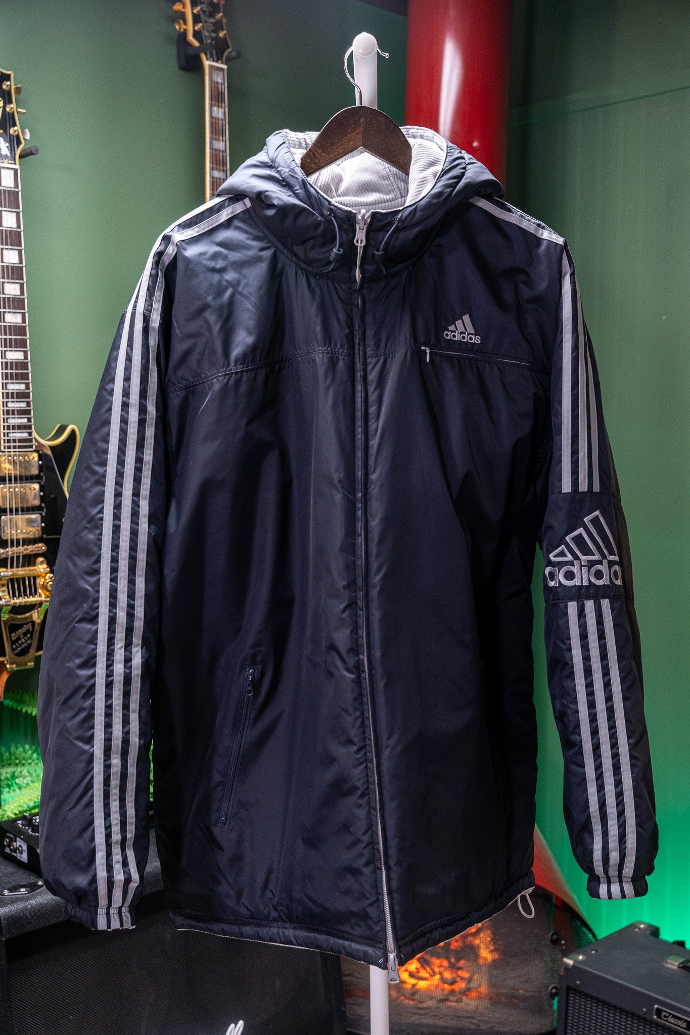 Vintage - 2002 Adidas Reversible Hooded Jacket (Black/Grey Corduroy) - Men's L
