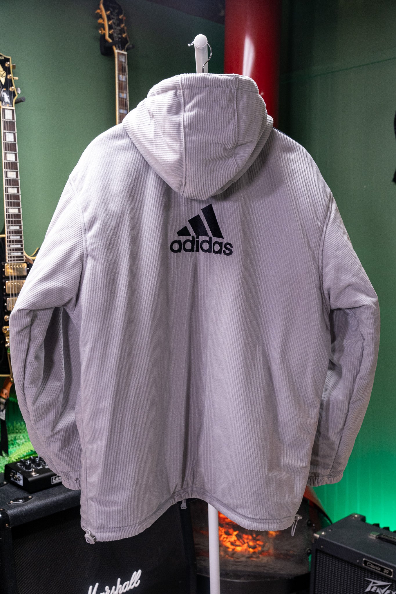 Vintage - 2002 Adidas Reversible Hooded Jacket (Black/Grey Corduroy) - Men's L