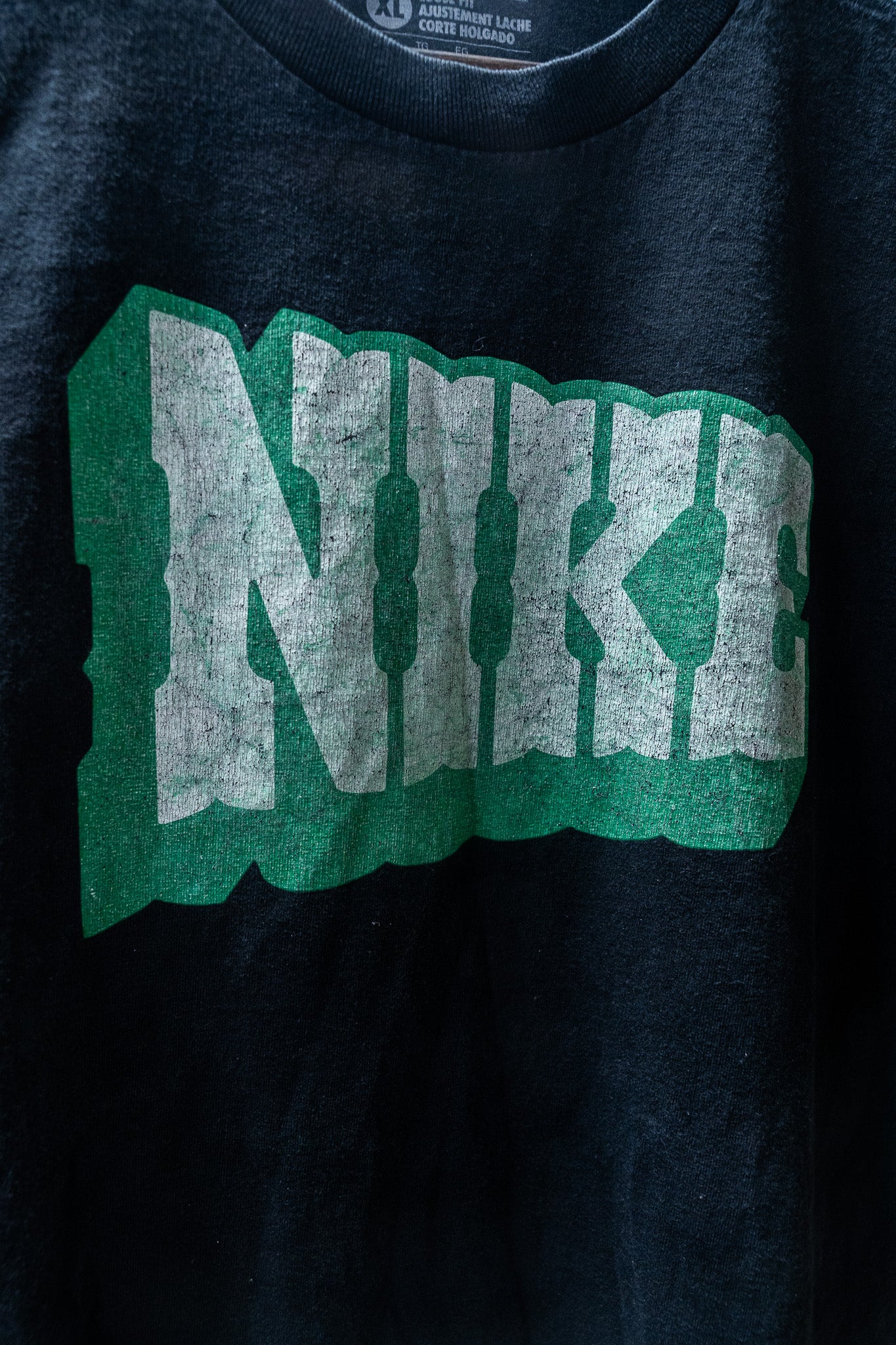 Nike - "NIKE" Graphic Tee – Faded Black & Green Logo - XL