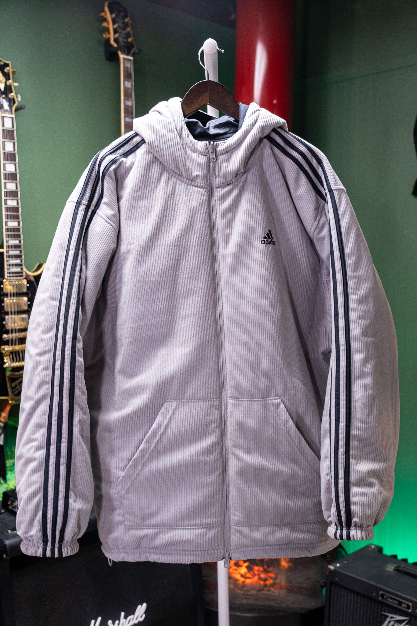 Vintage - 2002 Adidas Reversible Hooded Jacket (Black/Grey Corduroy) - Men's L